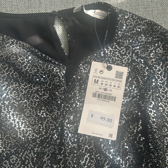 Zara Silver Grey Sequin Metallic Long Sleeve Top with Knot Size M - Picture 5 of 10
